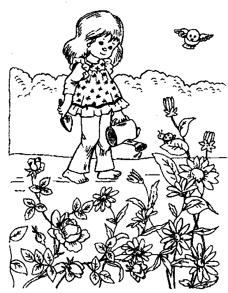 Een klein meisje geeft bloemen water kleurplaat