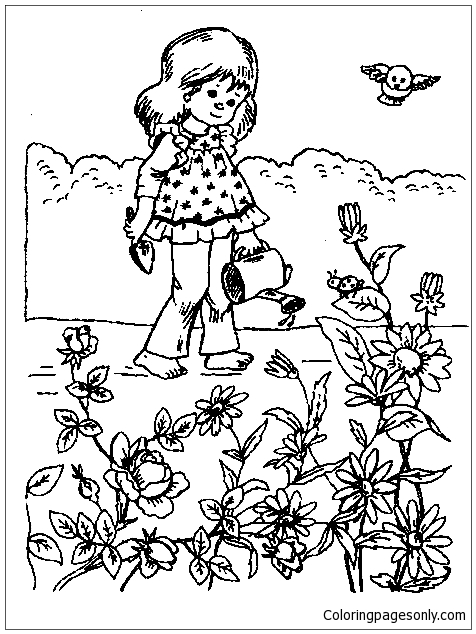 Desenho para colorir de uma menina regando flores