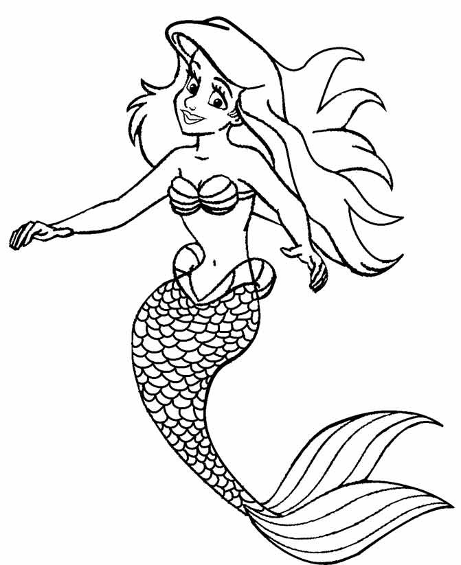 Desenho de uma pequena sereia Ariel para colorir