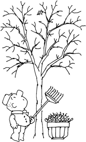 A man is raking leaves. He noticed the last leaf on the tree. Coloring Pages