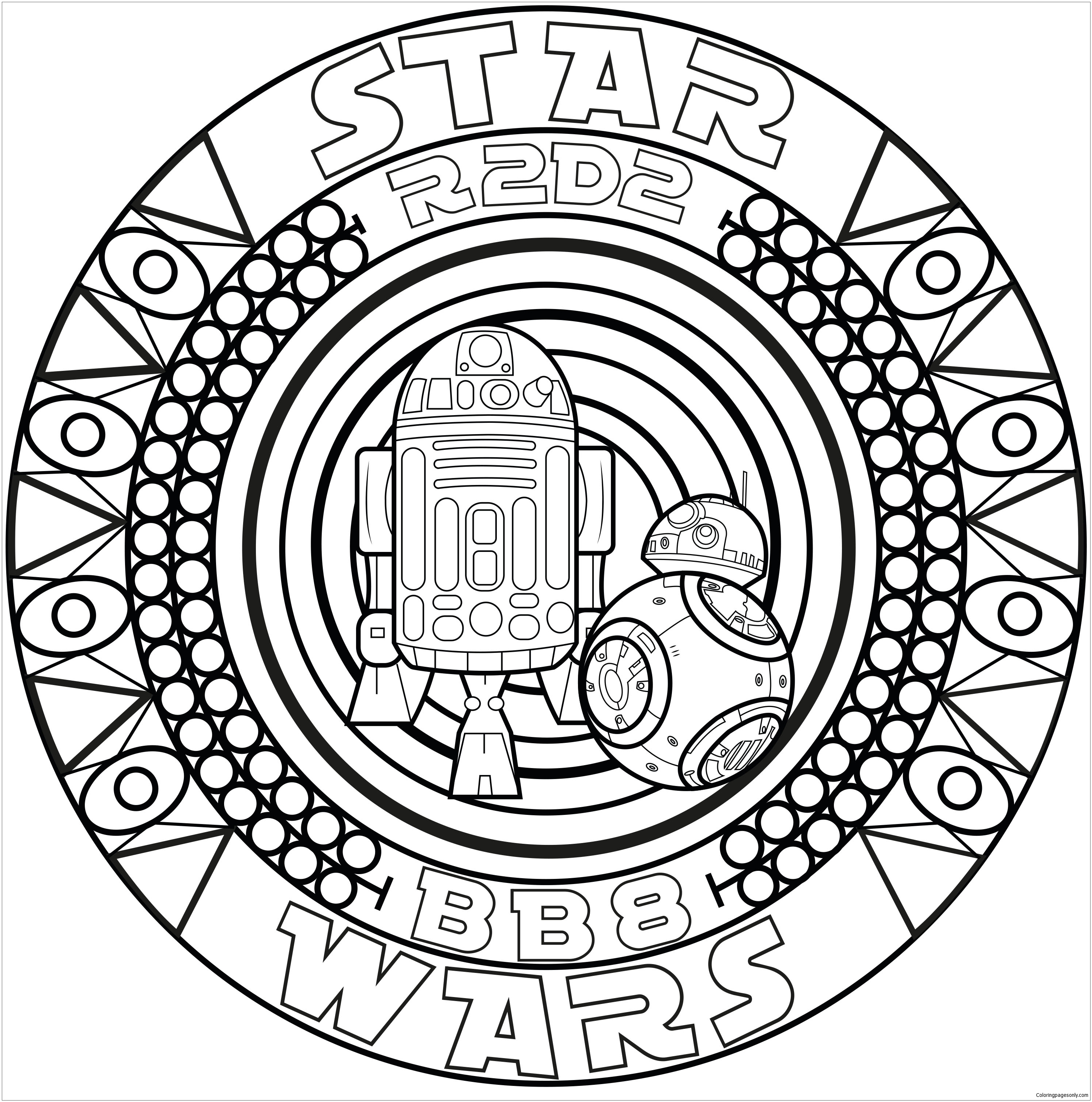 A mandala inspired by Star Wars with the robots BB8 and R2D2 Coloring Pages