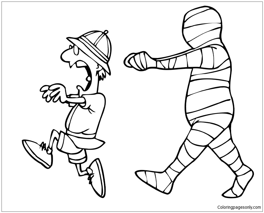 A Mummy Chasing An Archaeologist Coloring Page