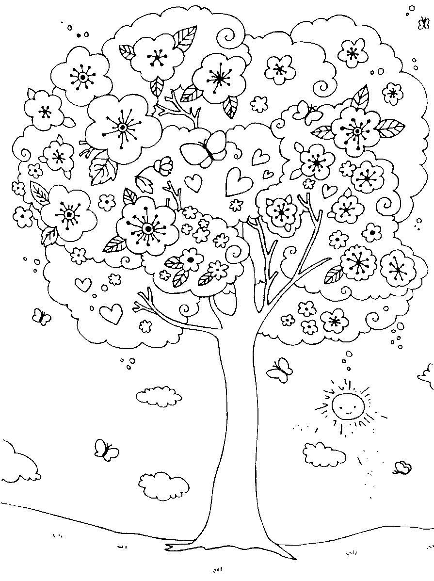 Uma bela árvore florescendo página para colorir