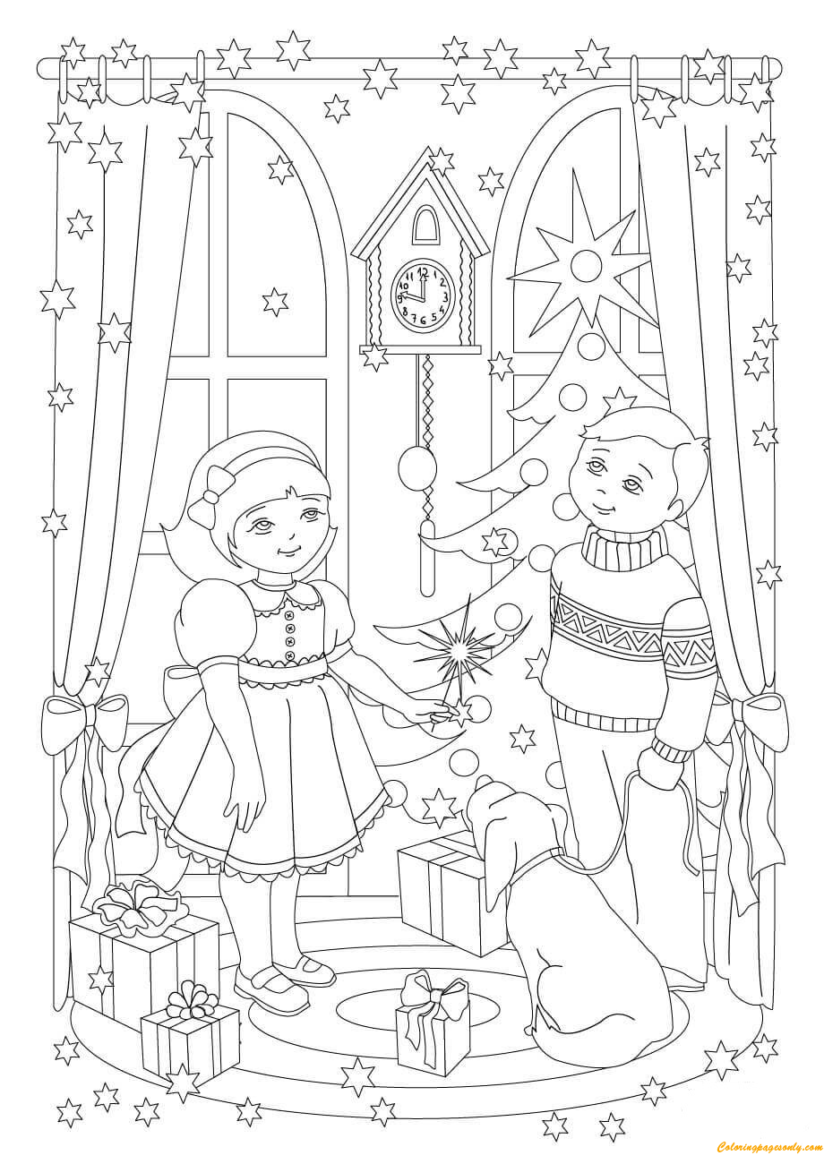 A Sister And Brother Celebrate Christmas Eve Coloring Page