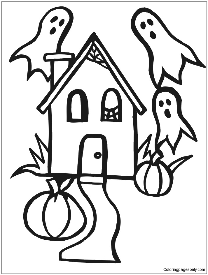 A Small House With Ghosts, Spiderwebs And Pumpkins Coloring Pages