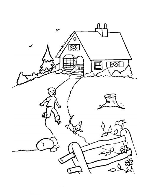 A Boy and A Dog Walking on a Spring Day Coloring Page
