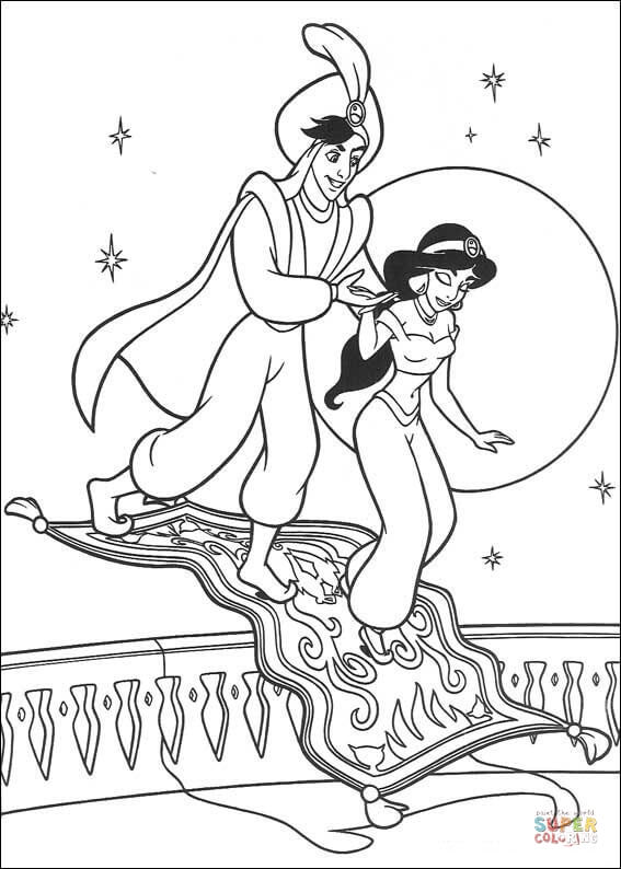 Prince Ali and Jasmine in the background of the moon from Aladdin Coloring Page