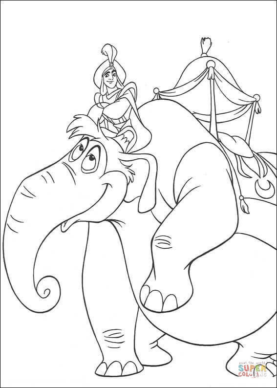 Раскраска Аладдин верхом на слоне