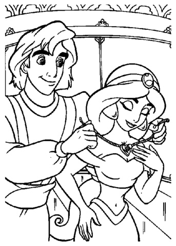 Aladdin gives a necklace to Jasmine from Aladdin Coloring Page