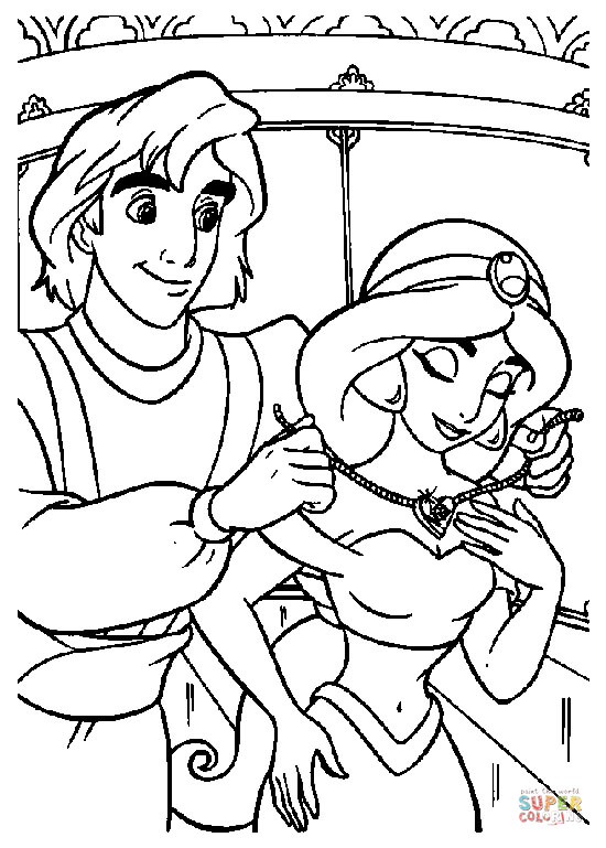 Aladdin geeft een ketting aan Jasmine van Aladdin van Aladdin