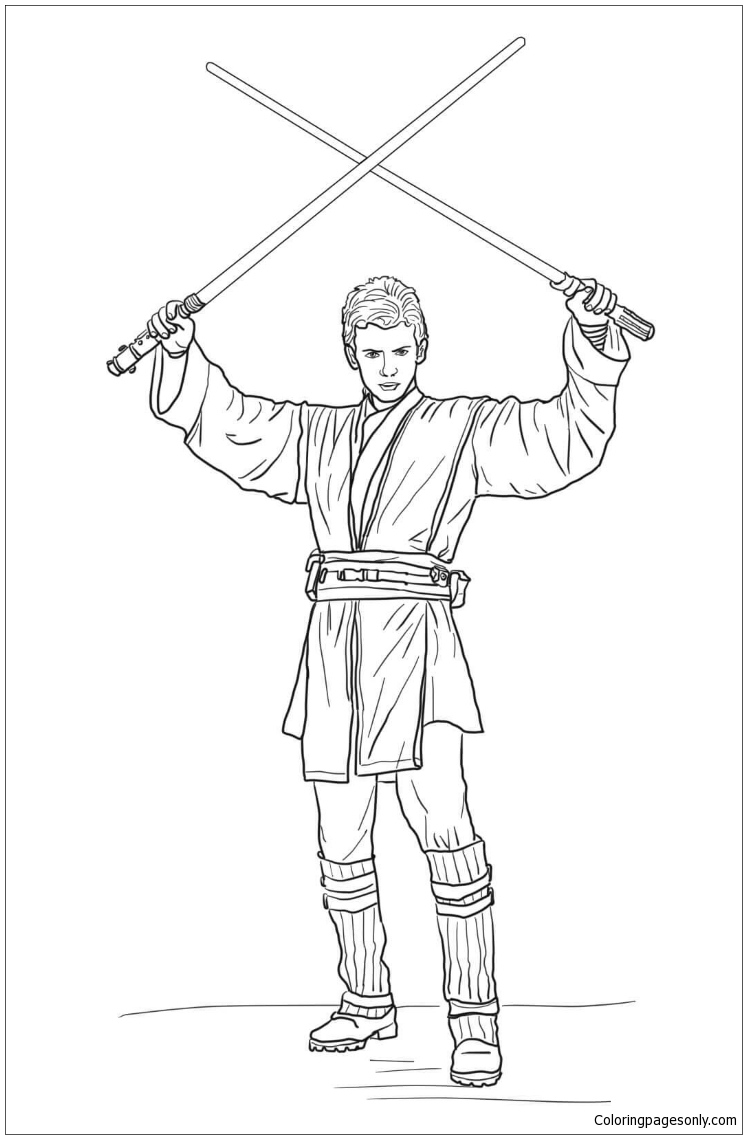 Anakin Skywalker from Star Wars with Two Lightsabers Coloring Pages