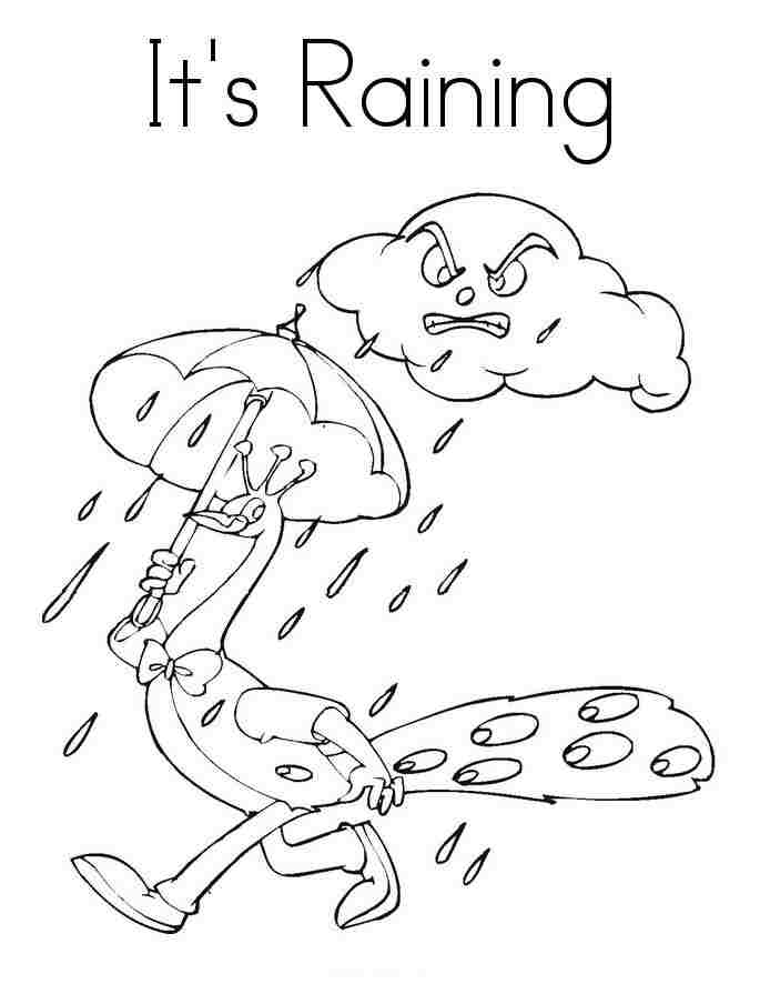 Angry cloud and peacock with umbrella in hand in the rain Coloring Page