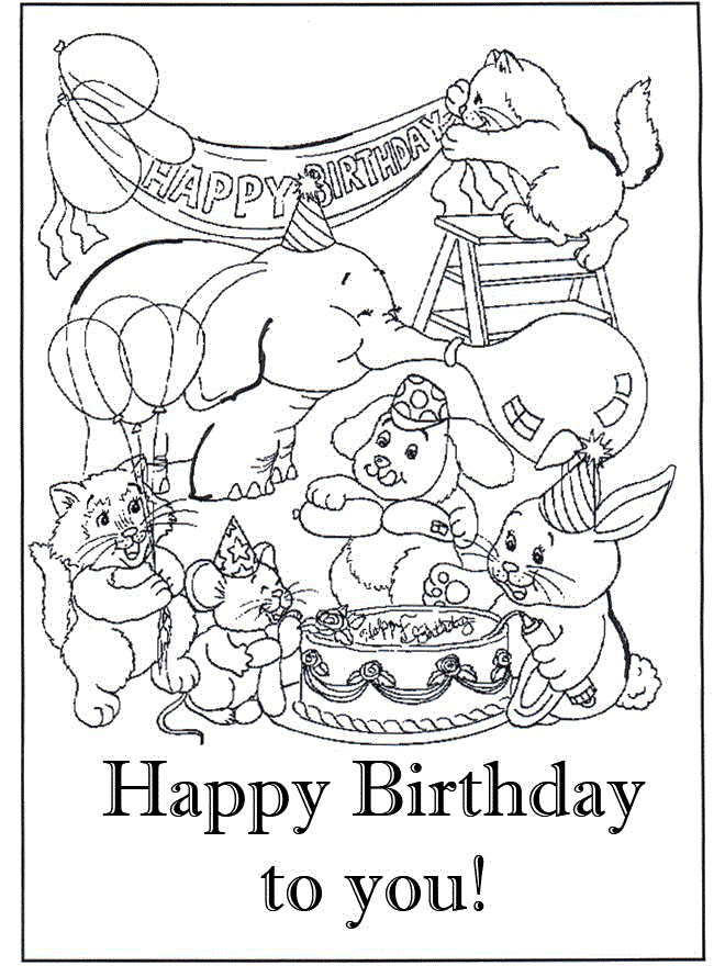 Página para colorir de festa de aniversário de animais