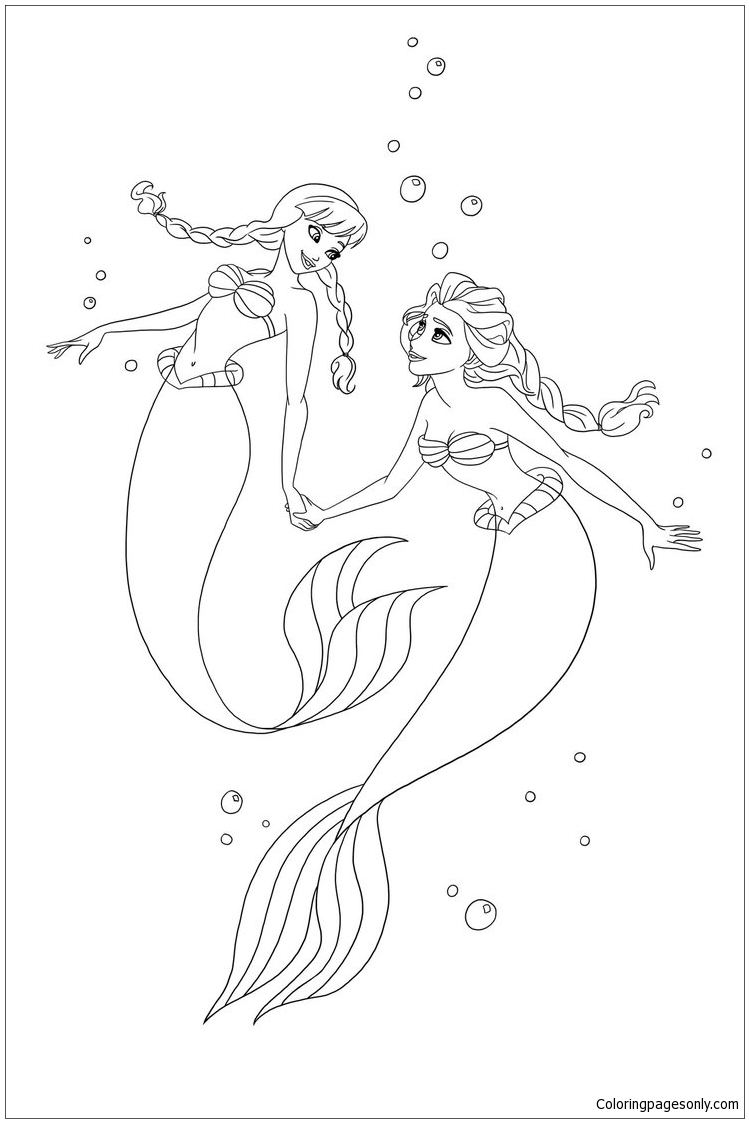 Anna And Elsa As Ariel Coloring Pages