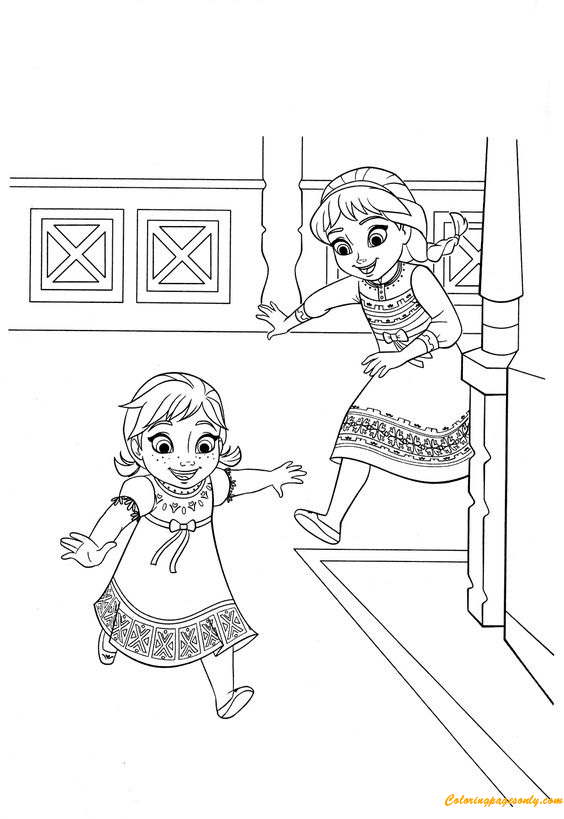 Anna and Elsa love to play together Coloring Page