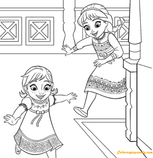 Anna And Elsa Playing Together Coloring Pages