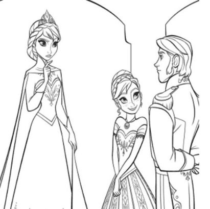Anna, Hans ed Elsa nella pagina da colorare di Arendelle