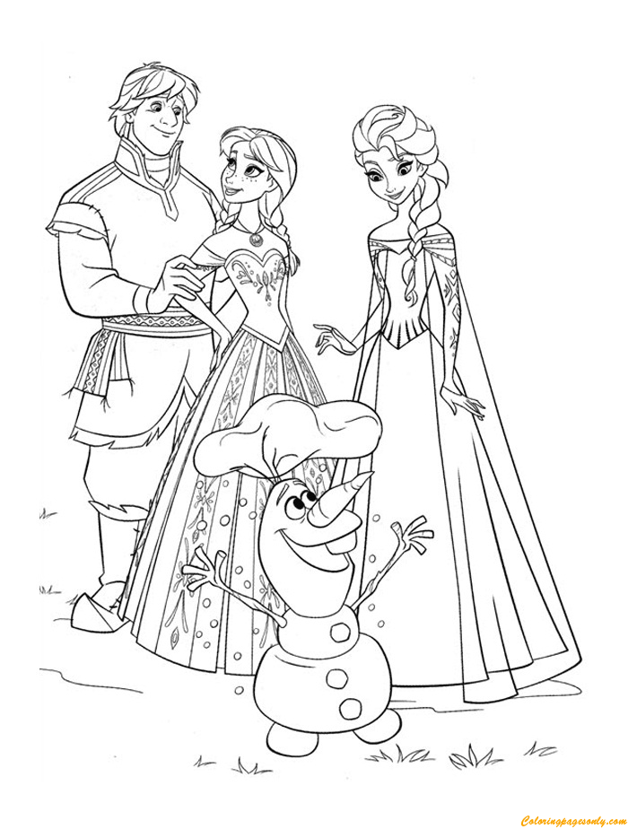 Anna, Kristoff, Elsa and Olaf happy Coloring Page