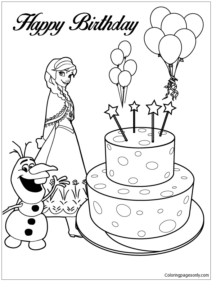 Anna, Olaf And Happy Birthday Cake Coloring Pages