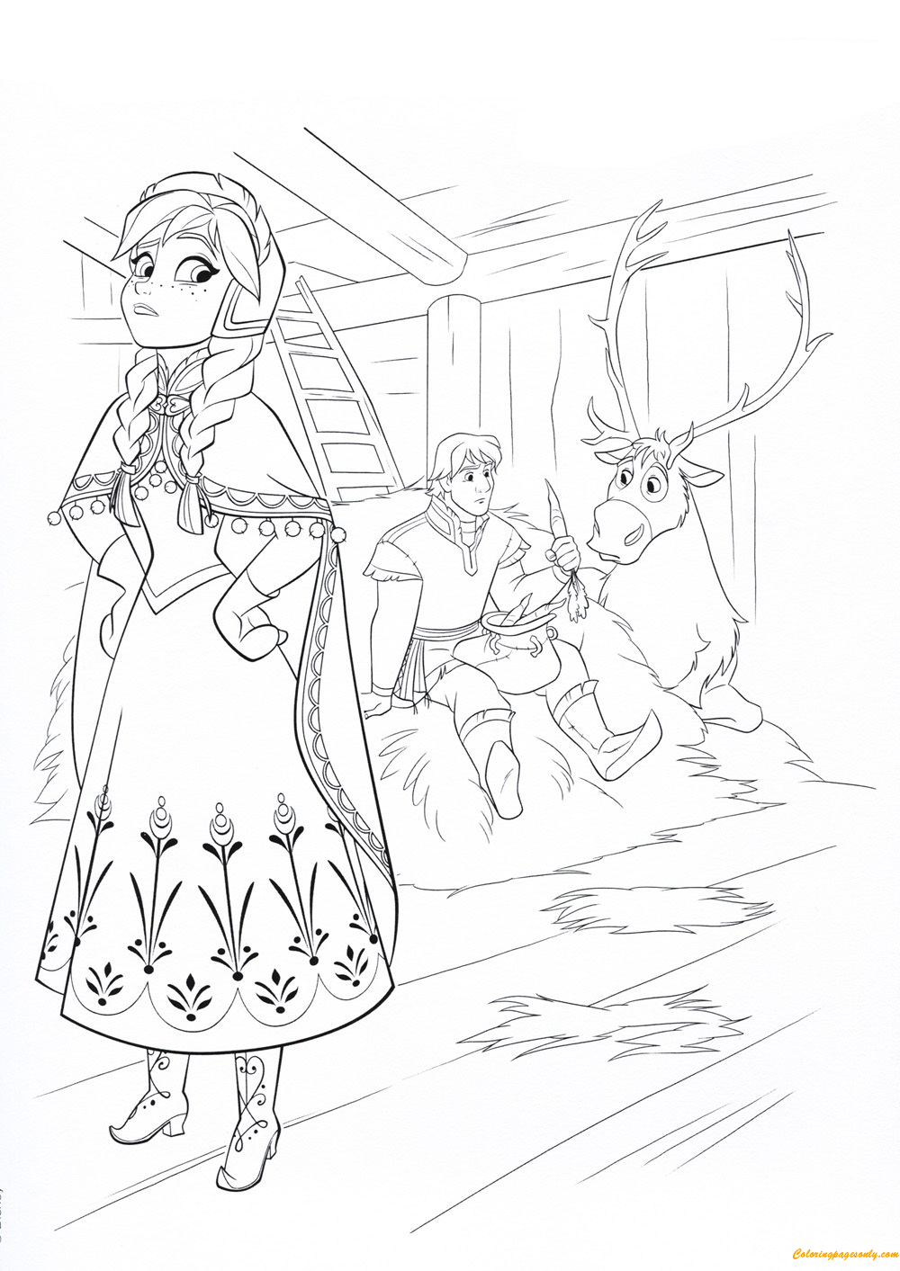 Anna With Kristoff And Sven Coloring Page
