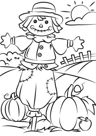 Autumn Scene with Scarecrow Coloring Page