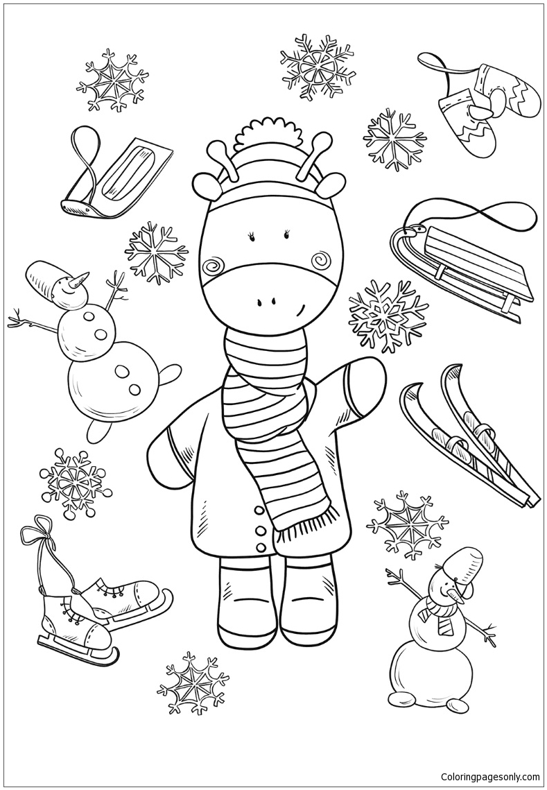 Desenho de bebê girafa no inverno para colorir