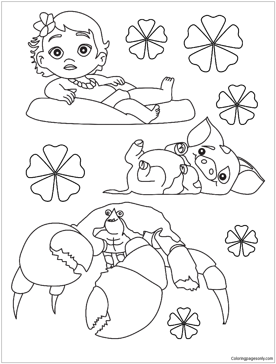 Baby Moana And Pets Coloring Page