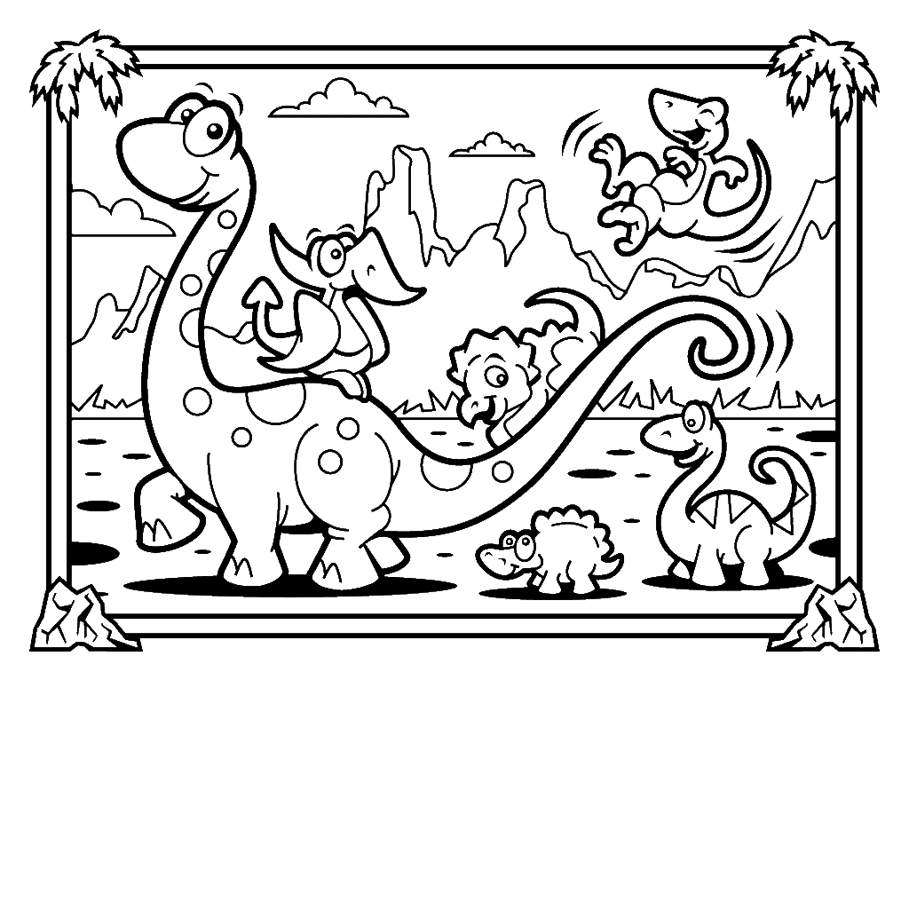 Baby Playtime on sunny day with Mother Dinosaur Coloring Page