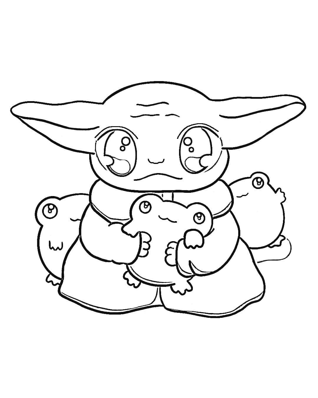 Desenho de Baby Yoda e brinquedos para colorir