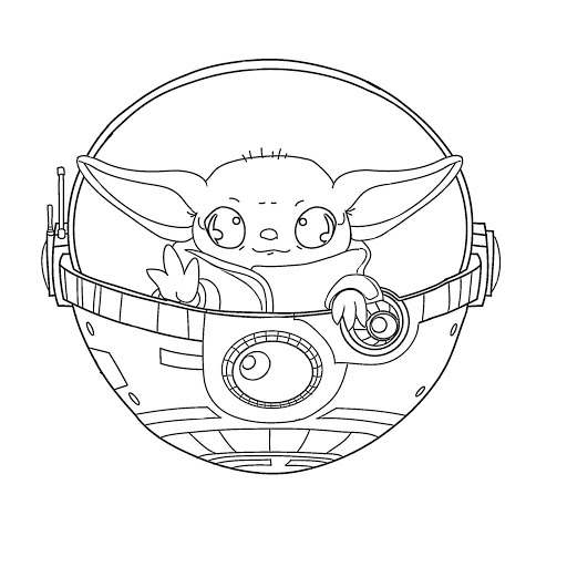 Desenho de Baby Yoda no navio para colorir