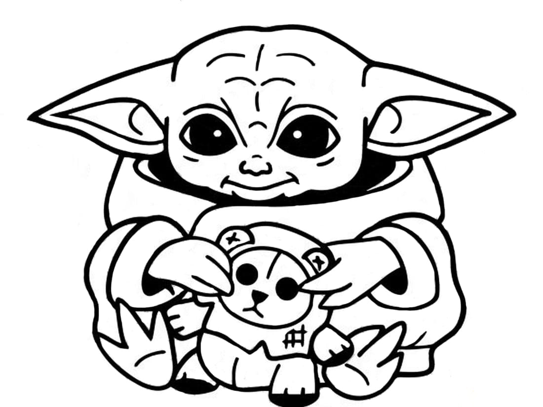 Dibujo de Baby Yoda con muñeco para colorear