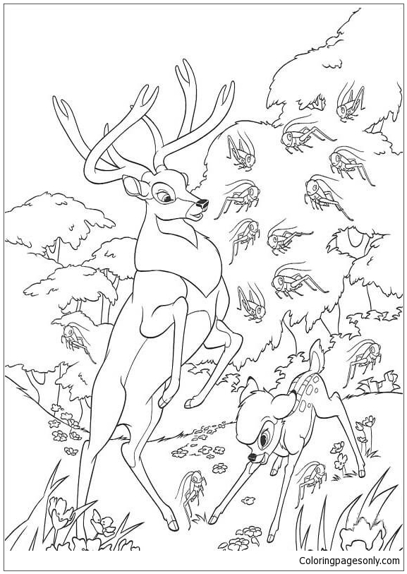 Desenho de Bambi e ovas na floresta para colorir
