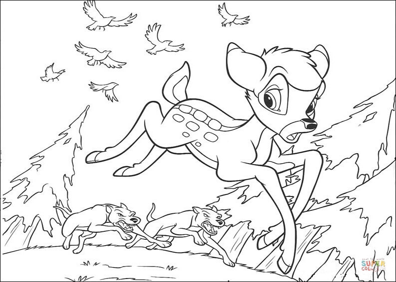 Bambi Is Running Away From The Wolf From Bambi Coloring Pages