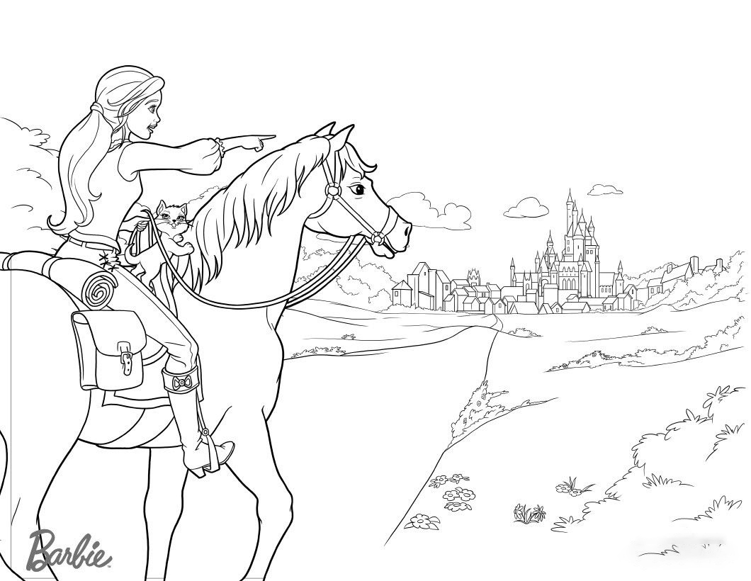 Barbie with her horse roads to the castle Coloring Page
