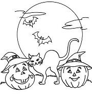 Bats, Black cat and Pumpkin Coloring Page