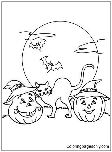Bats, Black Cat And Pumpkin Coloring Pages