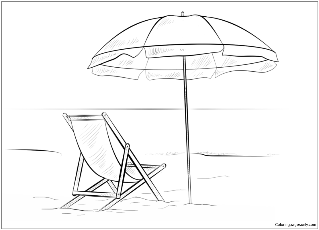 Chaise de plage et parasol du coucher du soleil