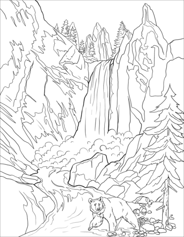 Bear Near The Waterfall Coloring Pages