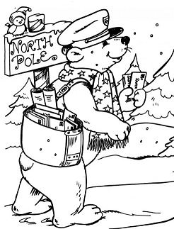 Bear Postman Delivering Letters to North Pole Coloring Page