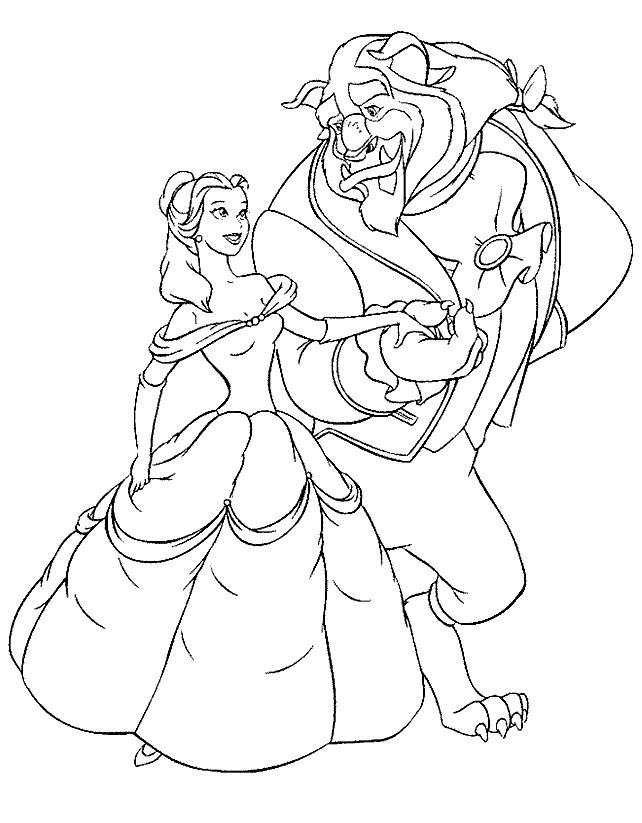 Belle and the Beast are walking together Coloring Page