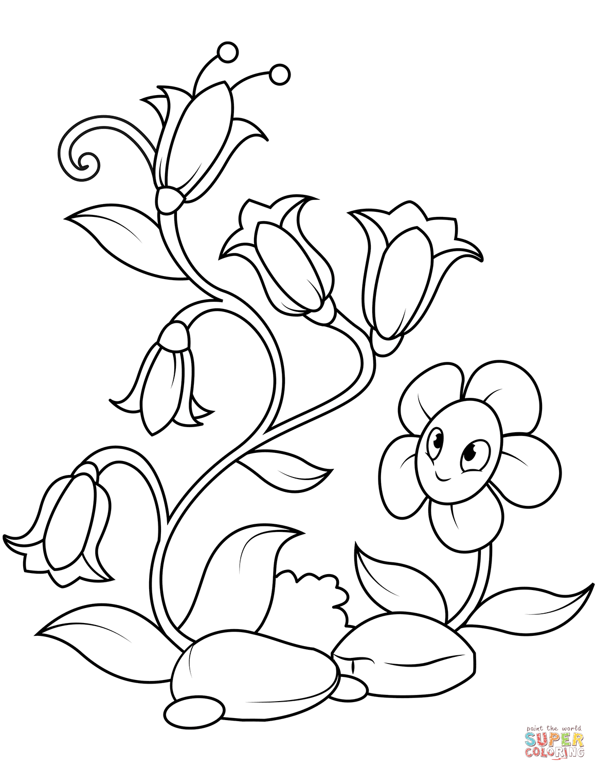 Bellflowers and Funny Flower Character Coloring Pages