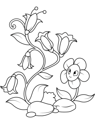 Bellflowers and Funny Flower Character Coloring Page