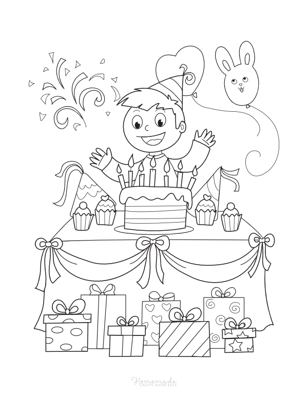 Desenho de bolo de festa de aniversário com presentes para colorir