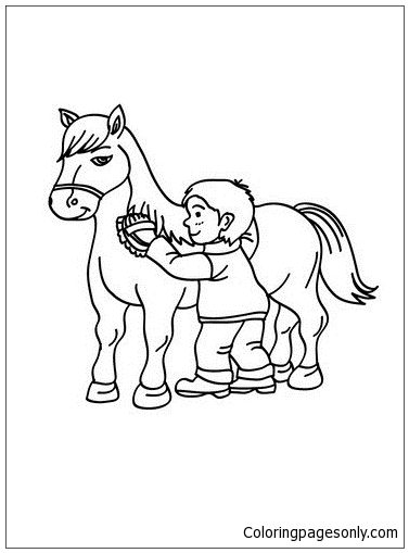 Jongen borstelt zijn paard van paard