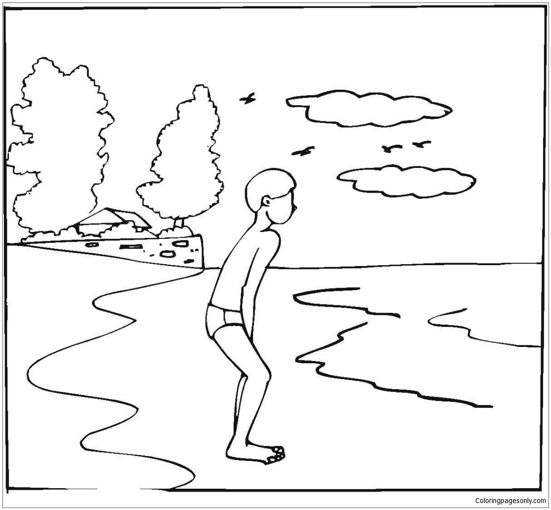 Boy Go Swimming In The Cold Weather Coloring Pages