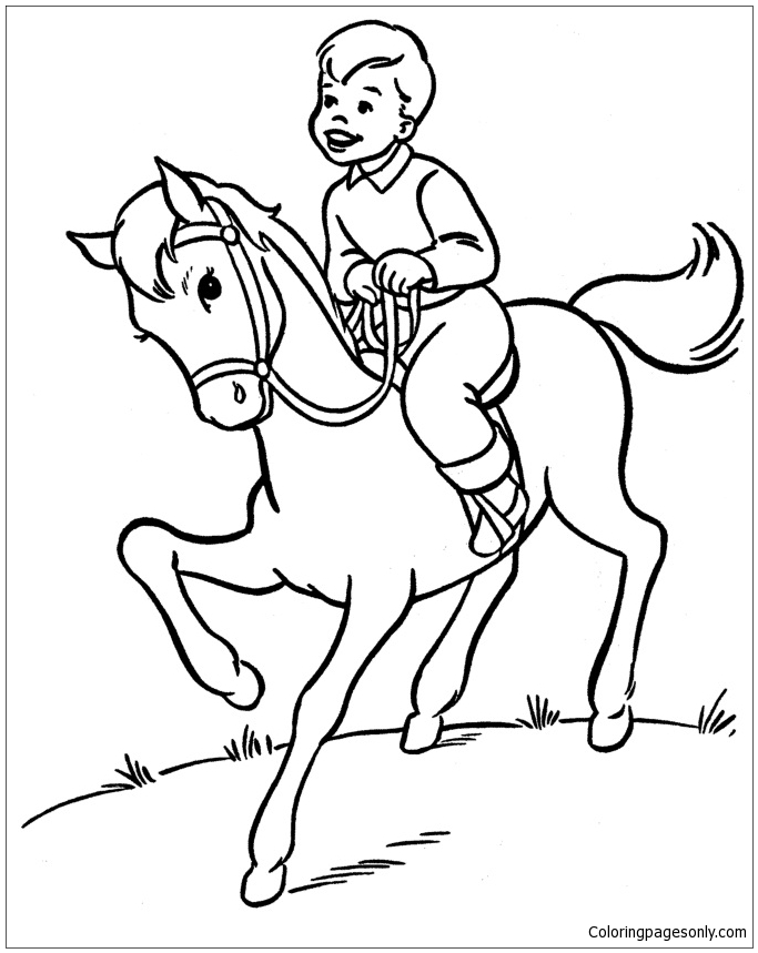 O menino está montando seu cavalo de Cavalo