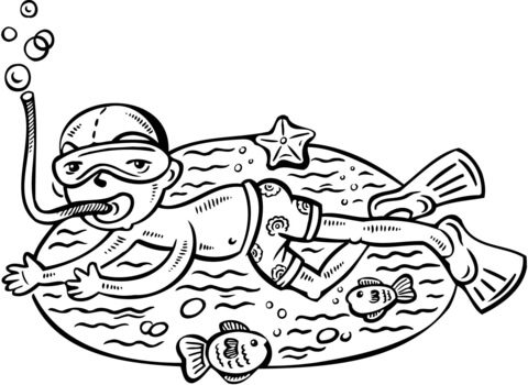 Desenho para colorir de menino com snorkel