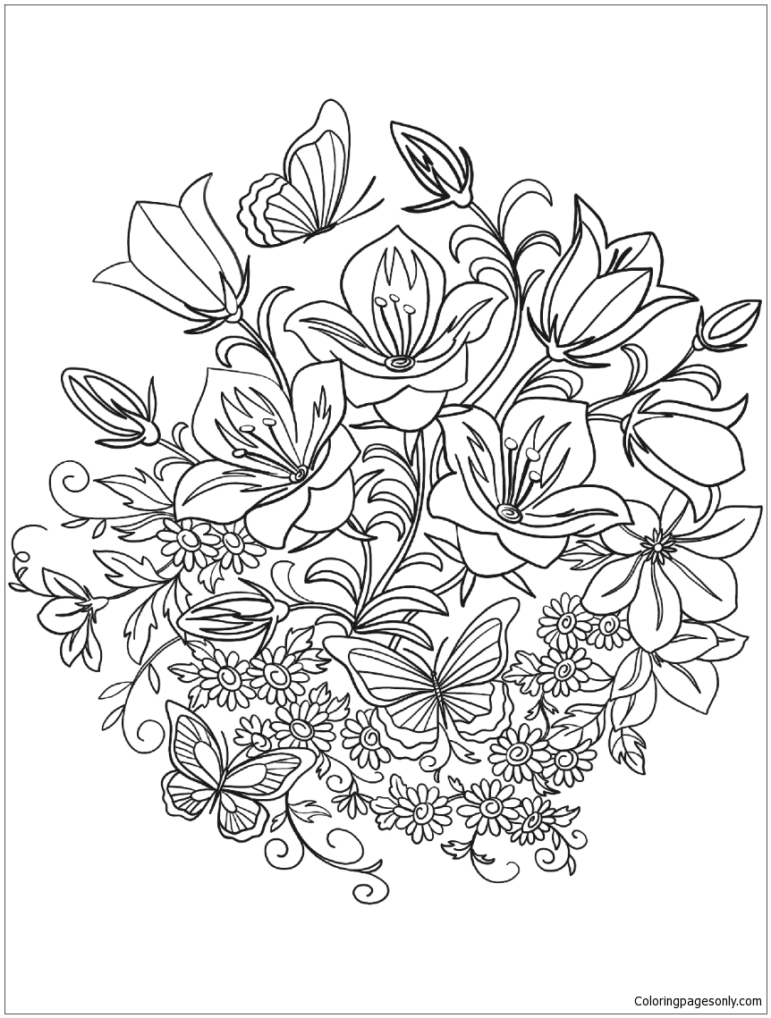 Coloriage papillon et fleurs