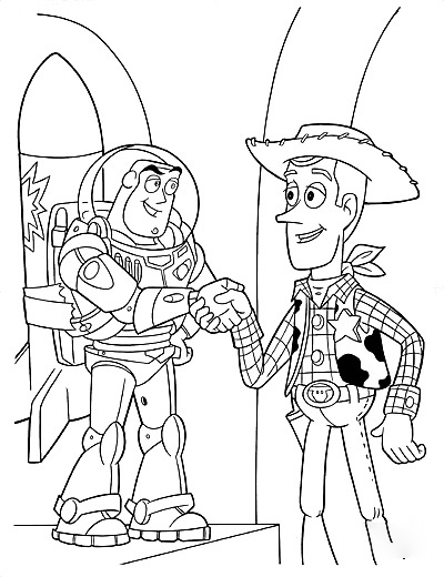 Buzz Lightyear schudt Woody Sheriff van Toy Story de hand
