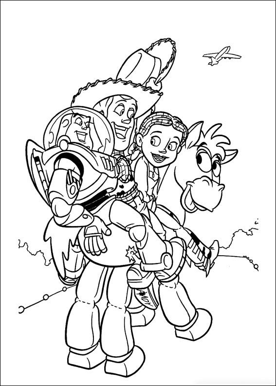Buzz, Woody and Jessie are riding Bulleyes Coloring Page